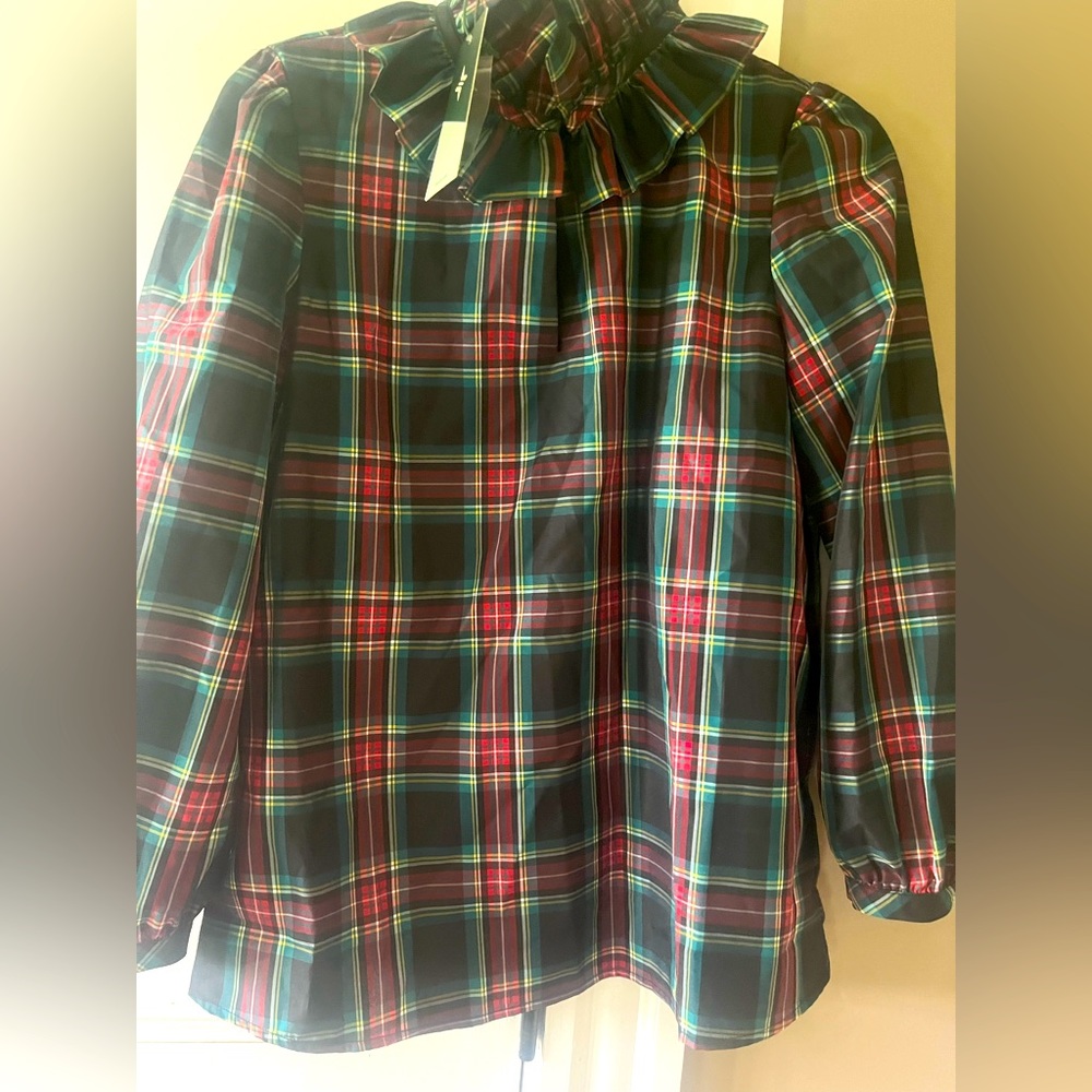 Tuckernuck blouse, holiday plaid, beautiful neckline NWT, XS